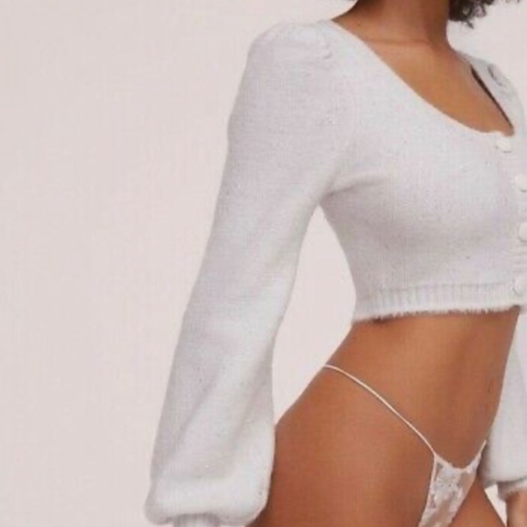 For Love & Lemons Large Odette Glitter Mohair Knit Cardigan Ivory White - Picture 8 of 8